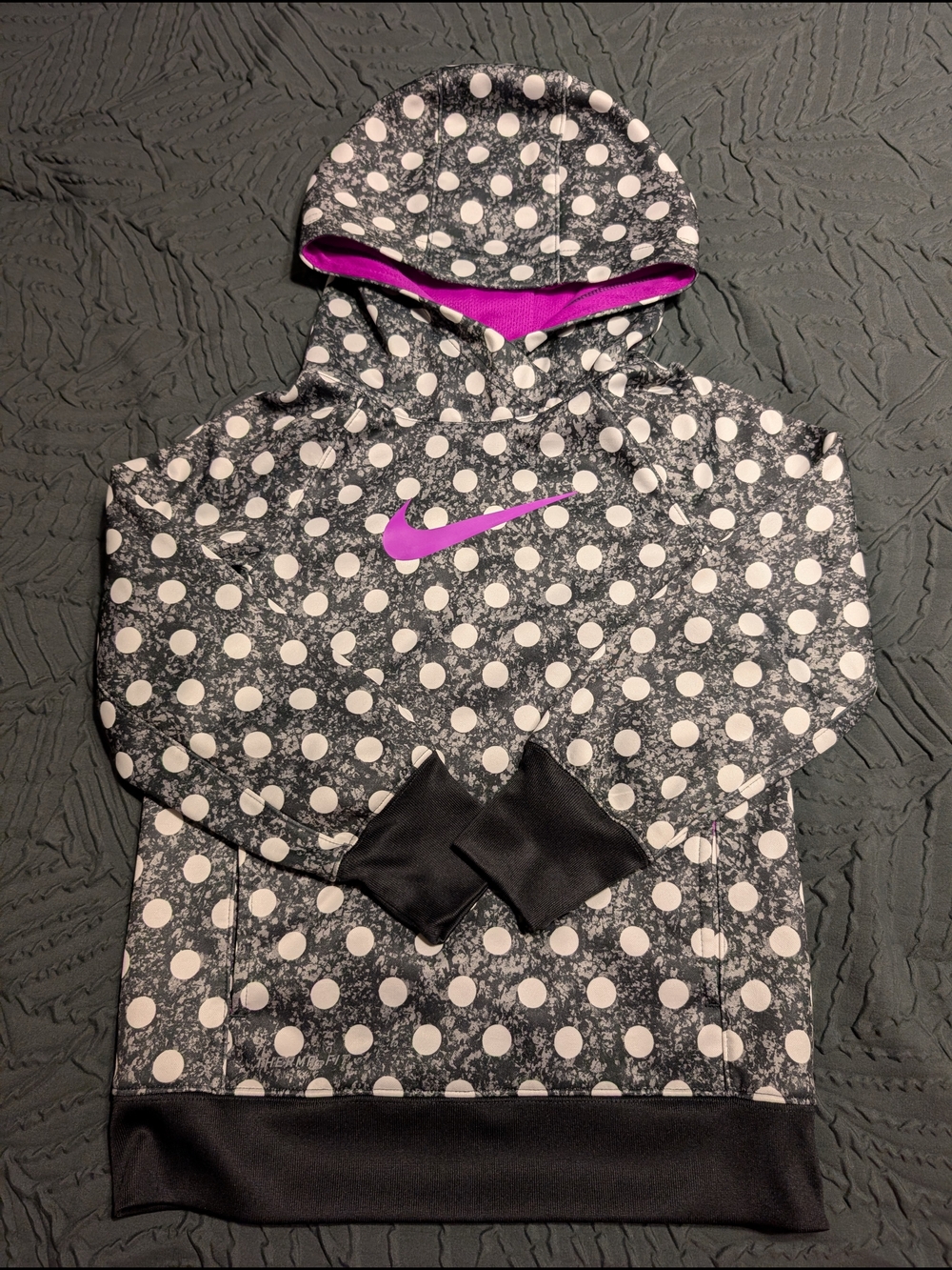 Nike Girls' Black & White Polka Dot Hoodie with Pink Swoosh